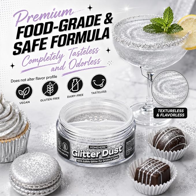 HomeHere Edible Glitter for Drinks & Cakes, 10g Food Grade Disco Diamond Glimmer Dust, Sparkle Powder for Cocktails, Chocolate, Baking Decorations, Vegan& Tasteless (Silvery)