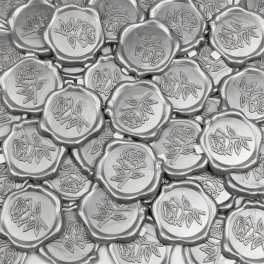 50 Pcs Silvery Wax Seal Stickers - Rose Style, Self Adhesive Wax Seal for Wedding Invitation, Easy Use Good Adhesion, Silvery Rose Envelope Stickers Perfect for Invitation or Seating Chart