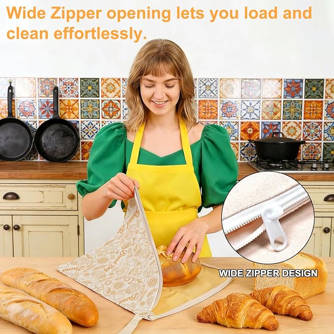 2PCS Zipper Reusable Beeswax Bread Bags 13"x17" Homemade Bread Bag | Breathable Bees Wax Bread Bag with Wide Zipper, Freezer Safe Beeswax Bags for Bread, Homemade Bread Storage