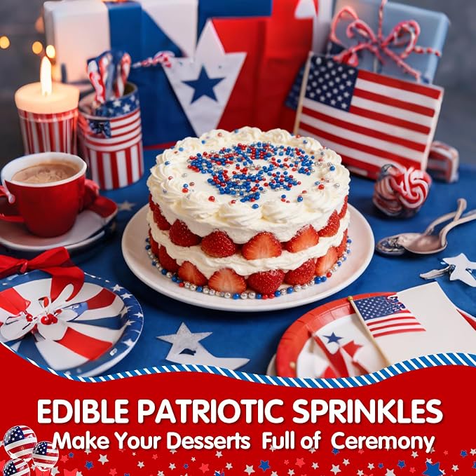 Patriotic Nonpareils Sprinkles,2mm Red Blue and White Pearls for Cake Decorations,July 4th Edible Sprinkle Mix for Baking,130g,Edible Sugar Pearls for Cake Decorating,Cookies,Ice Cream,Fondant Cake,Cupcakes,Desserts,May Day,Memorial Day,Flag Day,Junete...