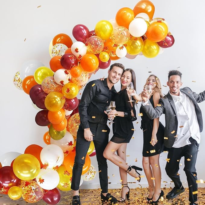 Fall Balloon Arch Kit, Orange Gold Burgundy Fall Balloon Garland Kit, Thanksgiving Balloons with 2pcs 2-Meter-Long Maple Leaves, Pearl Gold Orange White Balloons for Autumn Harvest Party Decorations