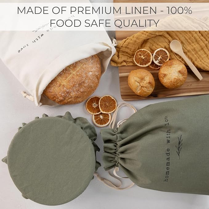 KIBAGA Beautiful Linen Bread Bag Set and Proofing Cover For Homemade Sourdough Bread - Keeps Your Loaf Fresh for Days - Reusable and Easy to Clean Storage Bag, The Perfect Baking Accessories