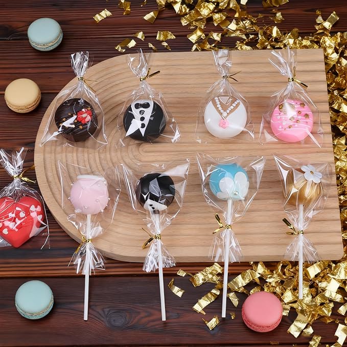 ROSPAKTEK 100 Pcs Cellophane Treat Bags 3x5 Inch with 100 Twist Ties - OPP Plastic Cake Pop Bags for Lollipop, Candy, Chocolate, Cookie Wrapping & Buffet