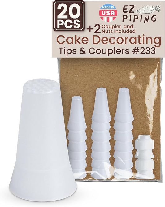 Reusable Plastic Piping Tips Standard Size Multi-opening Tip #233 20 Pack with 2 Couplers Icing Nozzles for Cake Decoration Dessert Baking Supplies and Piping Bags Base Ø 0.75" Height 1.25"