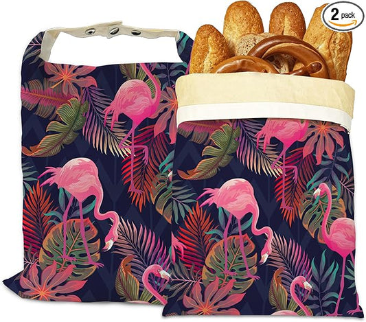 Beeswax Bread Bags, 2 Pack for Homemade Bread and Sourdough Storage | Pink Flamingo Tropical, Reusable Polyester Bread Storage With Beeswax Coating And Snap Closures