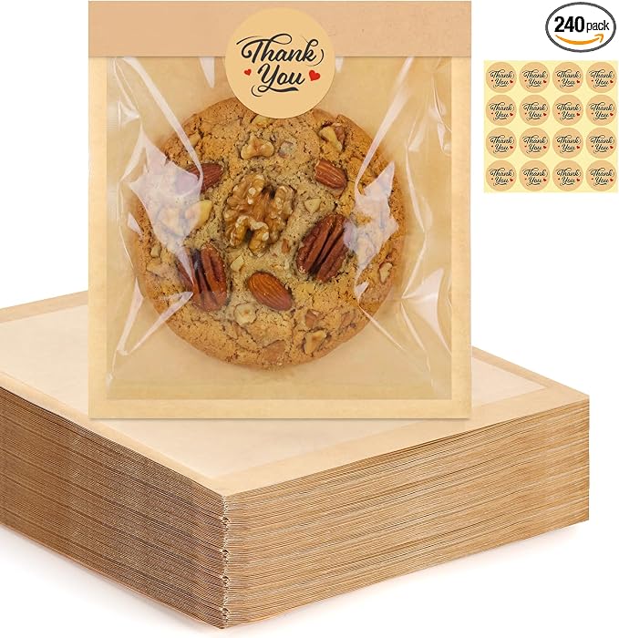 240 Pack Cookie Bags with Seal, 5.7x6.5 Inch Self Sealing Kraft Bakery Bags with Window, Heat Sealable & Grease Resistant To Go Sleeves for Donuts Treat Scone Brownie Waffle Bake Sales
