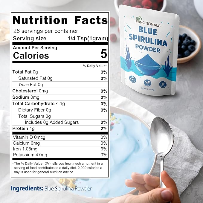 Blue Spirulina Powder 1 oz Espirulina Natural Blue Food Coloring, Phycocyanin Extract, Vegan Superfood Perfect for Smoothie, Baking, Energy Bar