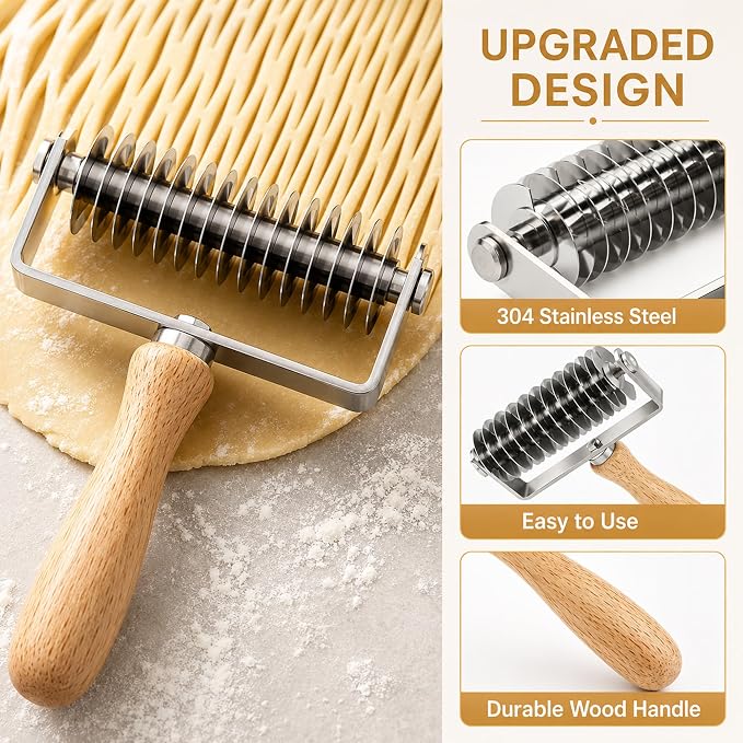 Pastry Lattice Roller Cutter, Stainless Steel Multi-Wheel Dough Cutter with Wooden Handle, Pie Crust Strip Cutters for Pastry, Pizza Dough, Bread & Beef Wellington