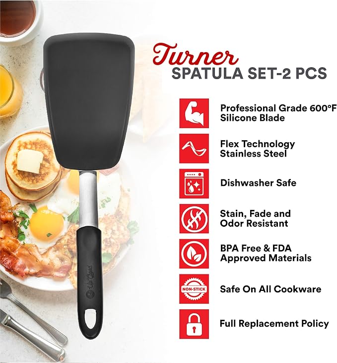 UpGood Silicone Turner Set 600ºF Heat Resistant - Large & Small Kitchen Spatulas with Tapered Edges & Flexible Stainless Steel - Cooking Utensil for Flipping Egg, Pancakes in Nonstick Cookware (2 Pcs)