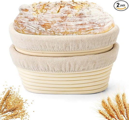 Bread Proofing Baskets Set of 2 8 inch Oval Shaped Dough Proofing Bowls W/Liners Perfect for Professional & Home Sourdough Bread Baking (8Inch, Oval Shaped)