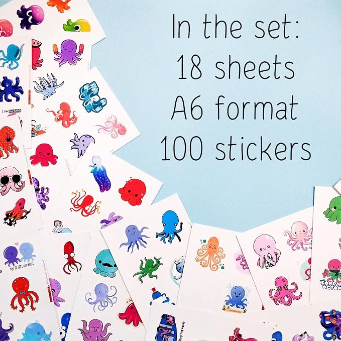 100Pcs Octopus Stickers for Water Bottle and Laptop - Marine Life Party Supplies & Decorations, Waterproof Vinyl Ocean Decals, Cute Octopus Stickers Laptop Decals, Gifts for Women & Men