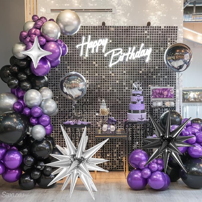Purple Black Balloon Arch Kit, Black Purple Silver Balloons garland Arch kit, Sliver Star Foil Balloons For Birthday Baby Shower Party Wedding Bachelorette Bridal Shower Graduation Halloween Decor