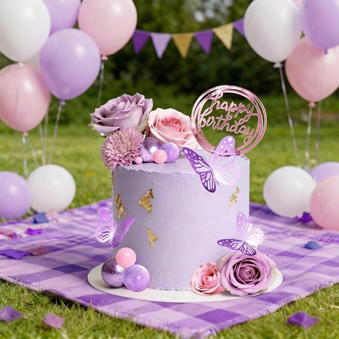 Flower Cake Toppers, Happy Birthday Rose Gold Cake Decorations with Artificial Flowers Butterfly Balls for Wedding Baby Shower Birthday Party Supplies (Purple)