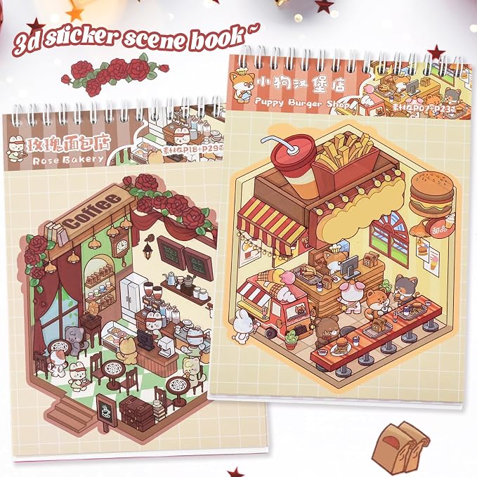 20 Sets DIY 3D Sticker Scene Collection Book DIY 3D House Stickers Make Your Own Sticker Therapy Cute Cartoon Stickers Scenes for Relief Stress Pass The Time (Pink - 20 Sets)