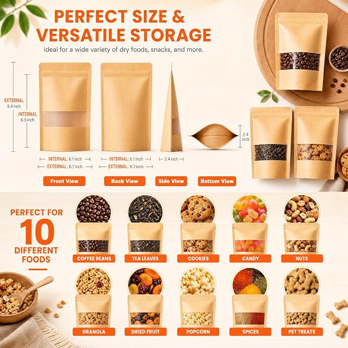 100 Pcs Kraft Paper Bags with Window, 6.7" x 9.4" Stand Up Pouches Bags, Food Storage Bags for Packaging Products, Reusable, Sealable