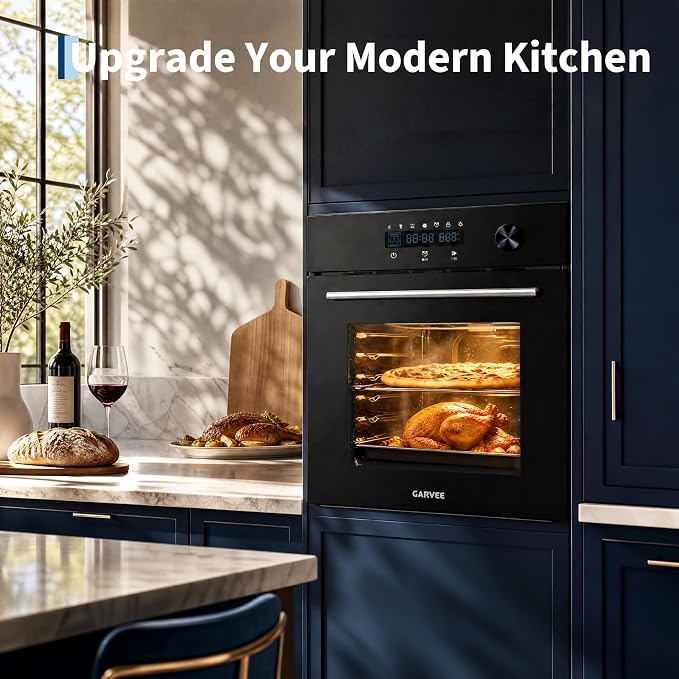 Garvee 24 Inch Built-in Single Wall Oven, 2.5 Cu.ft. Electric Oven with 5 Cooking Functions, 3000W Power, Touch and Knob Control, Low-e Glass Door & Cooling Fan, Easy Clean Enamel, Black