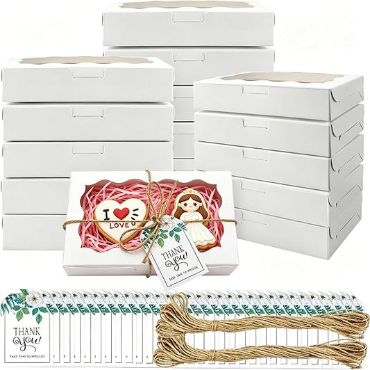 40 Pack Cookie Boxes with Clear Window, 7 x 4 3/8 x 1½ Inch Small White Kraft Candy Boxes Premium Pastry Boxes with Tags Ropes for Cookie Packaging, Dessert, Donuts, Pie, Cupcakes, Parties