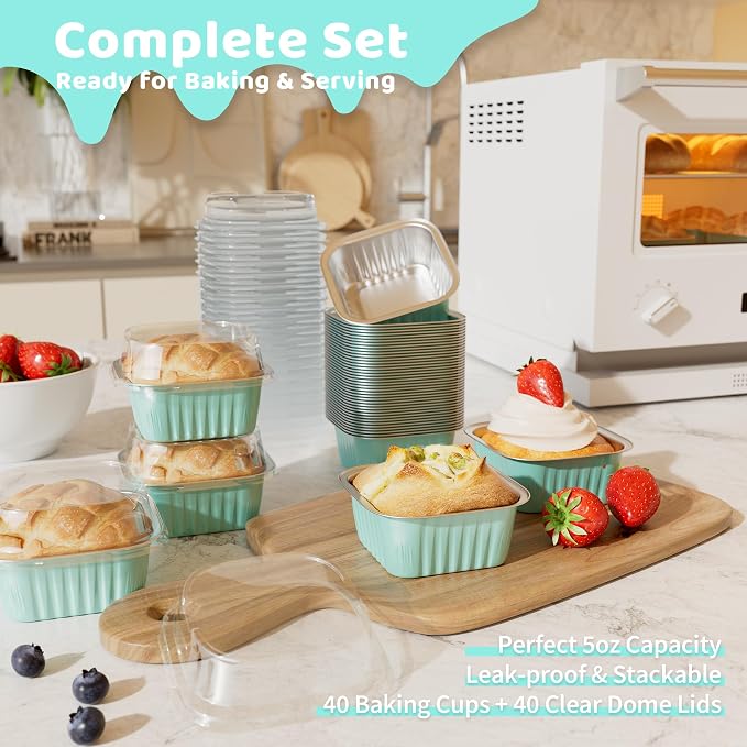 40 Pack 5 OZ Mini Cake Pans with Lids, Disposable Square Aluminum Foil Brownie Baking Cups, Mini Aluminum Foil Cupcake Muffin Tin Ramekins, Flan Molds Cake Containers for Wedding Birthday Party, Blue