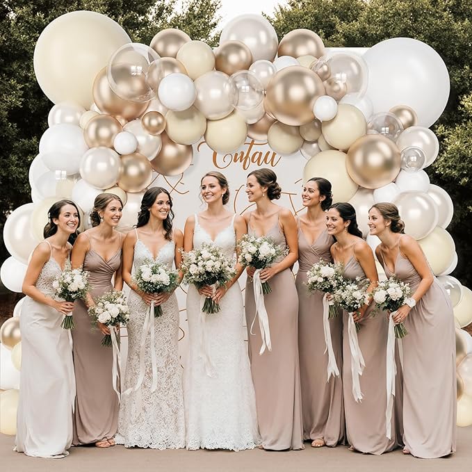 Amandir 153 Pcs White Sand Metallic Champagne Gold Balloons Arch Garland Kit, Different Sizes 18 12 10 5 Inch Pearl White Sand Clear Beige Neutral Balloons Birthday Bridal Shower Wedding Decorations