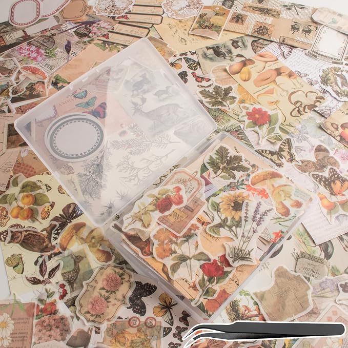 200Pcs Vintage Scrapbook Stickers, Aesthetic Junk Journal Stamping Supplies Kit, Scrapbooking Ephemera Washi Paper for Bullet Journaling Planners Diary Collage