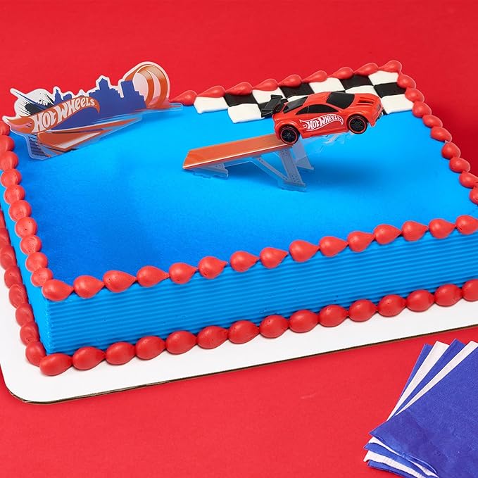DecoSet® Hot Wheels™ Supreme Speed Cake Topper, Car Cake Decoration Set with Vehicle cake topper, Ramp and Background Pics, 3 Piece Set | For Birthday And Celebrations