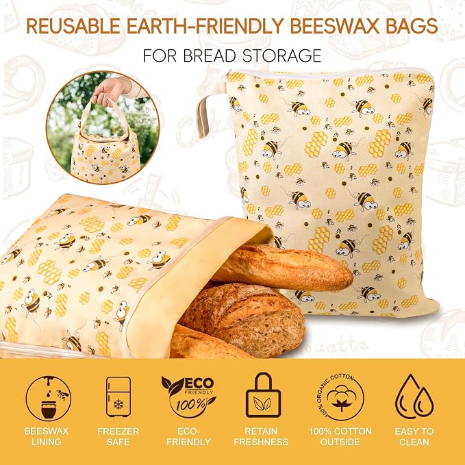 2 Pack Beeswax Bread Bags for Homemade Bread, Bees Wax Bread Bags Storage for Homemade Sourdough, XL 17'' x 13'', Zipper Closure, Freezer Safe
