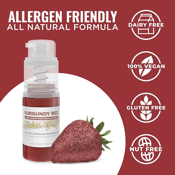 Bakell - Burgundy Red Tinker Dust (4g, 1x Mini Spray Pump) Edible Glitter for Food, Desserts, and Baked goods!