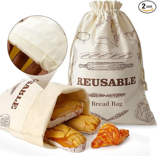 Bread Bags for Homemade Bread, 2 Pack Reusable Bread Bags, Linen Bag with Plastic Liner for Sourdough & Bread Storage