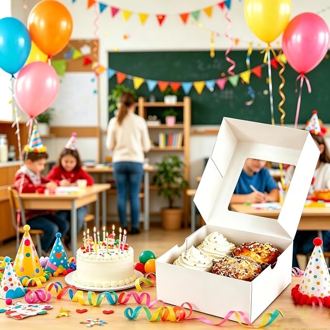 Jotique Cupcake Boxes with Window, 6 Sets 6x6x3 Inch White Paper Bakery Boxes for Cookies and Muffins, Sturdy Disposable Treat Boxes for Individual Pastry, Baked Goods, Gift Giving