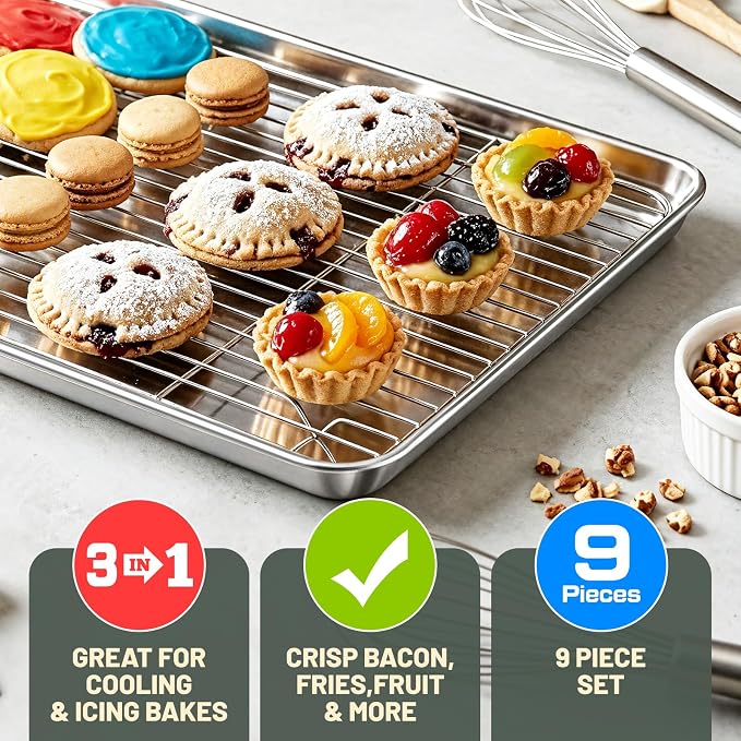 Stainless Steel Baking Sheet Tray Cooling Rack with Silicone Baking Mat Set, 9/12/16 Inch Cookie Sheet Baking Pan with Wire Rack Set, Set of 9 (3 Sheets + 3 Racks + 3 Mats), Heavy Duty & Rust Proof