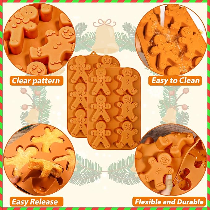 Webake Gingerbread Man Silicone Mold, 6-Cavity Christmas Molds Shaped with Gingerbread Man for Cake, Soap, Jelly, Cookie (Pack of 2)