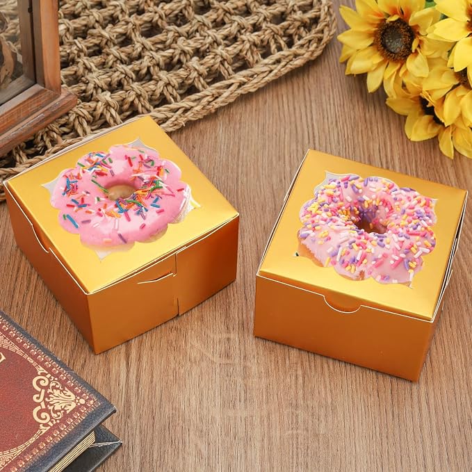 NPLUX 50pcs Cookie Boxes with Window Bakery Boxes Small Treat Boxes Mini Pie Boxes Pastry Boxes 4x4x2.5, Graduation Gifts Party Favors(Gold)