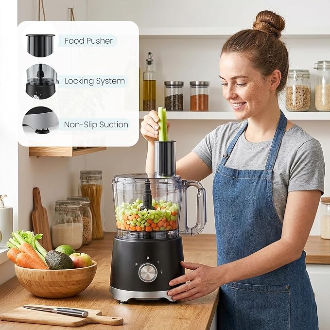 DUMOS Food Processor 10.5 Cup, 600W Electric Vegetable Chopper with French Fry Slicer, Dough Mixer, Dishwasher Safe Parts for Family Meals, Vegetables, Fries, Cheese, Puree