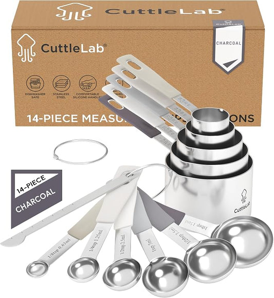 CuttleLab Measuring Cups and Measuring Spoons Set of 14 - Stainless Steel Measuring Cups and Spoons Set, Includes 1/8 Teaspoon Measuring Spoon, 1/8 Cup Measuring Cup, Leveler Dry (14, Charcoal)