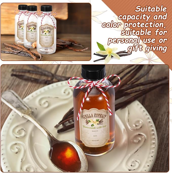 Uiifan 8 Pcs 4 oz Vanilla Extract Bottles Boston Round with Caps Glass Bottle and 8 Pcs Vanilla Extract Labels Stickers for Syrup Gift Glass Food Storage Canister Set Sauce Beans