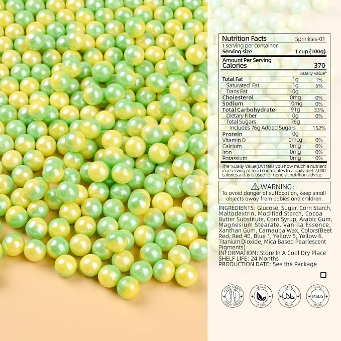 Edible Pearls for Cake Decorating Yellow & Green Sprinkles for Cookies, Baking, Ice Cream, Cupcake Topper Pearl Sprinkles Perfect for Wedding Party Valentines Christmas Holiday Supplies 3.52 Ounce