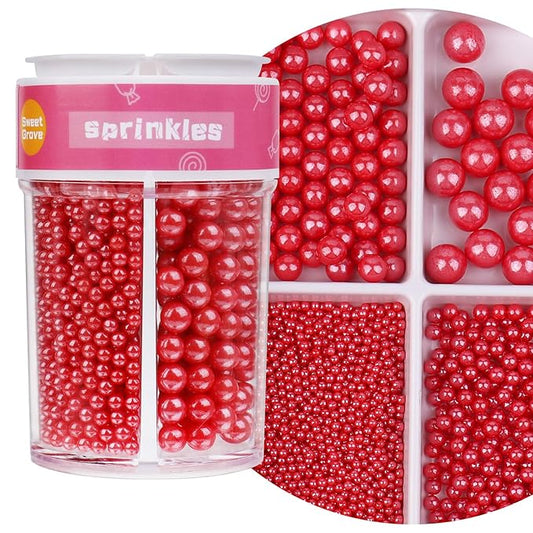Red Sprinkles for Cake Decorating, 7.8oz Edible Pearl Sprinkles, Sugar Candy Pearls for Baking, Cookie Decorations & Cupcake Topper, Wedding Party Christmas Valentines Supplies (Cherry Red, 4 Sizes)