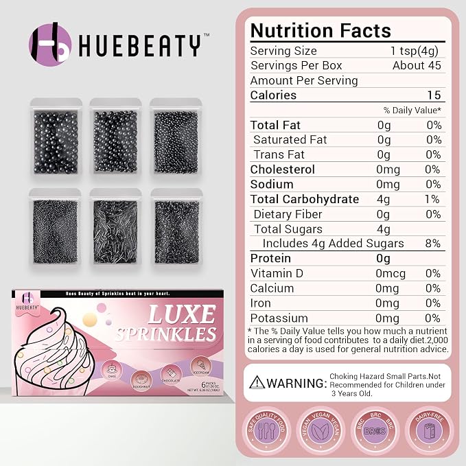 HUEBEATY 6-in-1 Black Edible Cake Pearls Sprinkles for Cake Cookies Decorating and Baking | 180g/6.36oz | Black Sanding Sugar for Cookies | Edible Graduation, Halloween Sprinkles and Decorations