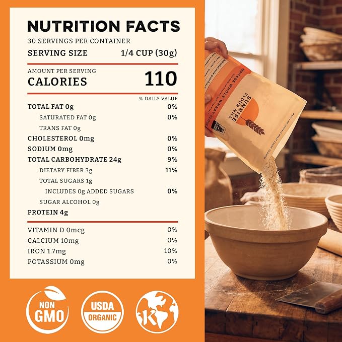 Sunrise Flour Mill Organic Heritage Whole Wheat Flour - 2 lbs | Easier to Digest with Less Bloating | No Bleaching or Bromating | Zero Additives