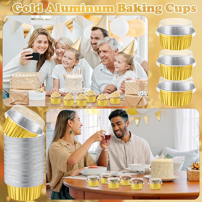 Gejoy 500 Pcs Aluminum Foil Baking Cups with Lids 5 oz Disposable Ramekins Mini Cake Pans Creme Brulee Cupcake Liners Muffin Dessert Container for Wedding Birthday Party (Classic,Gold Color)