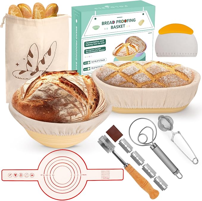10PS Banneton bread proofing basket Set - 9" Round & 10" Oval Silicone sourdough basket with sourdough tools - Includes proofing basket, lame, scraper, liner - Foldable, Hygienic for Beginners & Pros