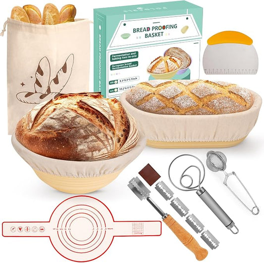10PS Banneton bread proofing basket Set - 9" Round & 10" Oval Silicone sourdough basket with sourdough tools - Includes proofing basket, lame, scraper, liner - Foldable, Hygienic for Beginners & Pros