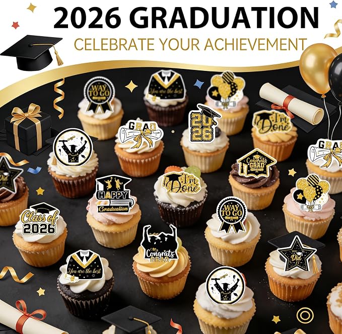 48pcs Edible 2026 Graduation Cupcake Toppers Wafer Paper Gold Class of 2026 Cake Decorations Edible Congrats Grad Cupcake Picks for 2026 Graduation Theme Party Cake Supplies