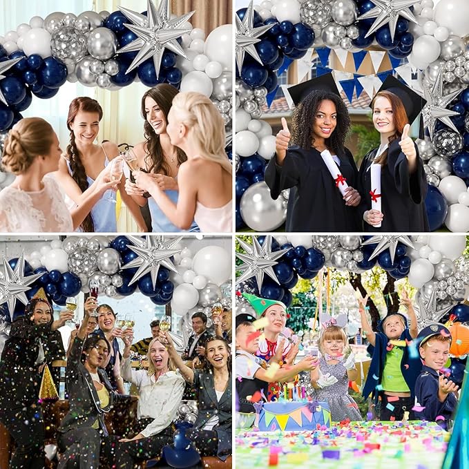 Bonropin 161pcs Navy Blue and Silver Balloon Garland Arch Kit with Blue White Silver Confetti Balloons, Star Foil Balloons, for Graduation New Year Anniversary Birthday Party Decorations