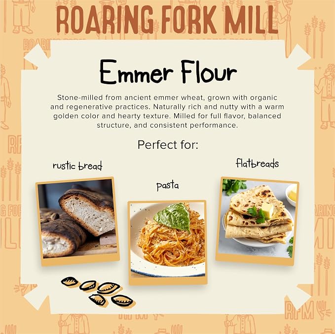 Roaring Fork Mill Emmer 00 Flour - Stone-Milled USDA Organic & Regenerative Organic Certified heritage and Ancient Grain Flour, Regenerative Baking Flour for Bread, Pasta & Artisan Baking