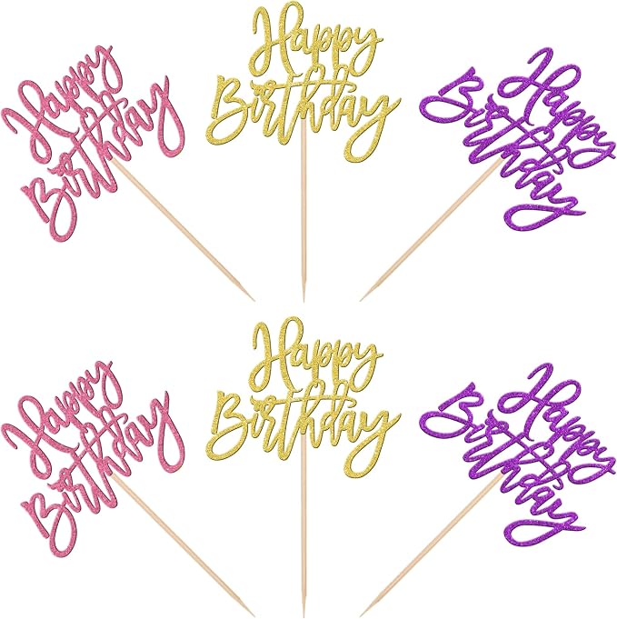 24 PCS Happy Birthday Cupcake Toppers Glitter Happy Birthday Cupcake Picks for Celebrating Anniversary Theme Party Cake Decorations Supplies Gold Purple Pink