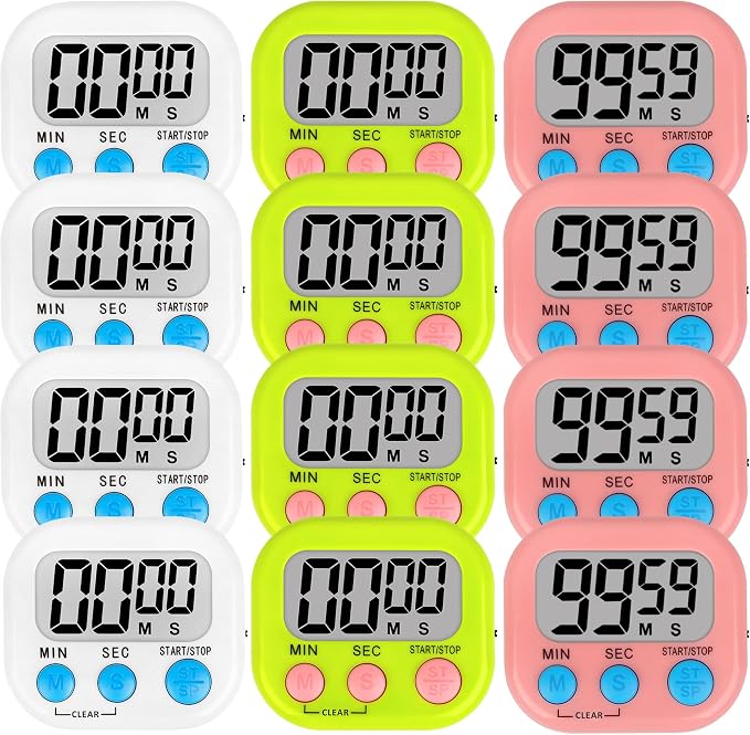 ZILLEEN 12 Pack Kitchen Timers for Cooking Digital Classroom Timers for Kids Teachers White Green Pink