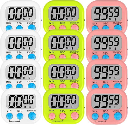 ZILLEEN 12 Pack Kitchen Timers for Cooking Digital Classroom Timers for Kids Teachers White Green Pink