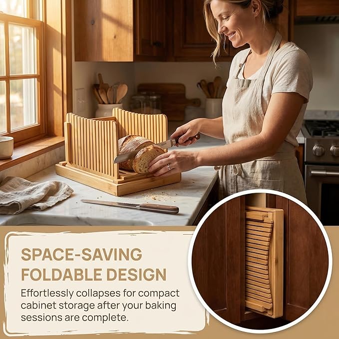 Homemade Sourdough Sandwich Bread Slicer | Built-in Crumb Tray for Mess-Free Use，Adjustable Thickness Options，Foldable & Space-Saving Design