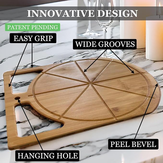 Wooden Pizza Peel & Round Cutting Board | Dual-Grip 2-in-1 Bamboo Pizza Paddle Board for Baking, Pizza Spatula & Large Cutting Board for Pizza | Pizza Turning Peel for Baking Accessories, 17” X 13.5”